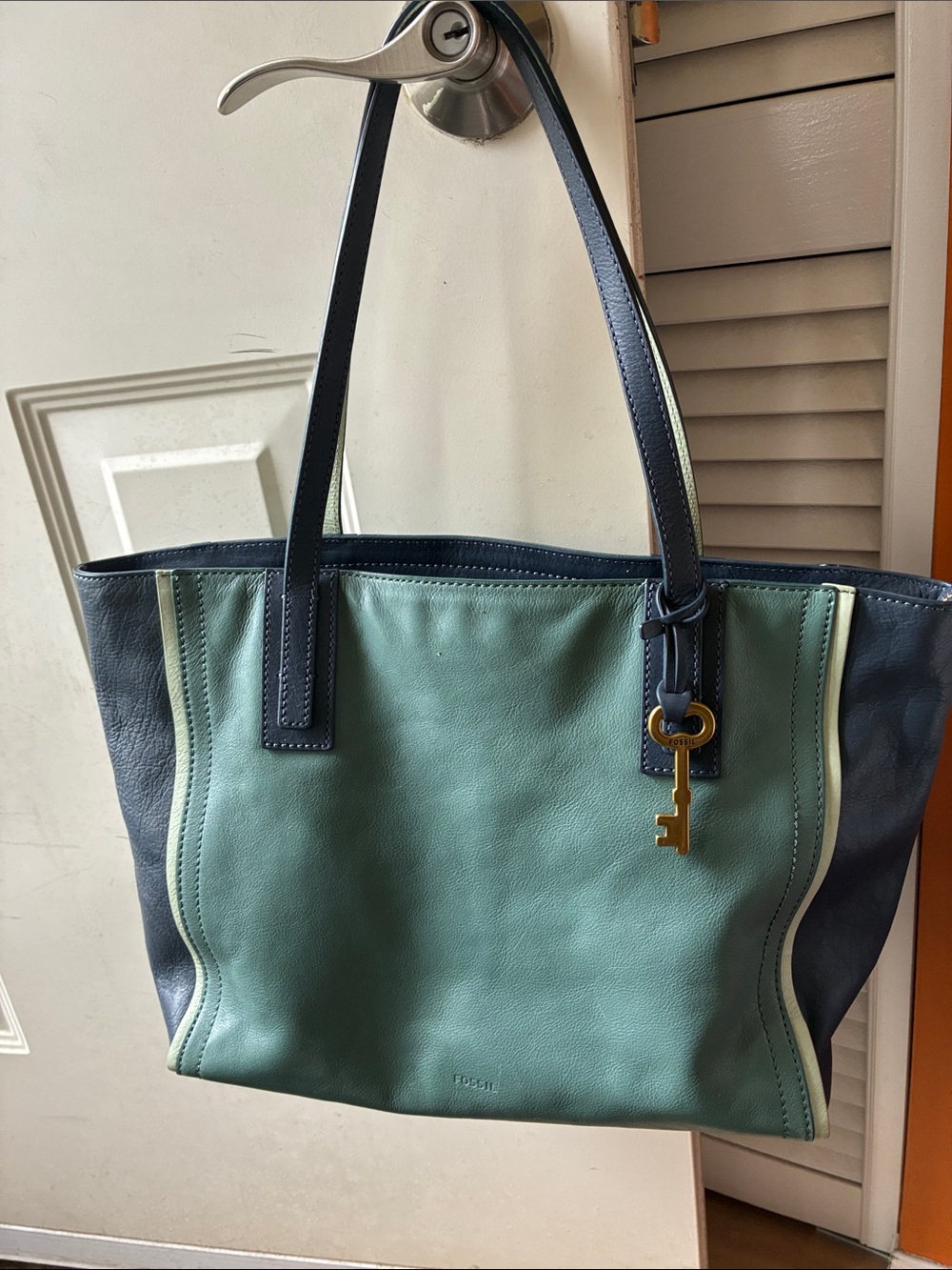 Fossil Teal and Navy Leather Tote with Key Charm